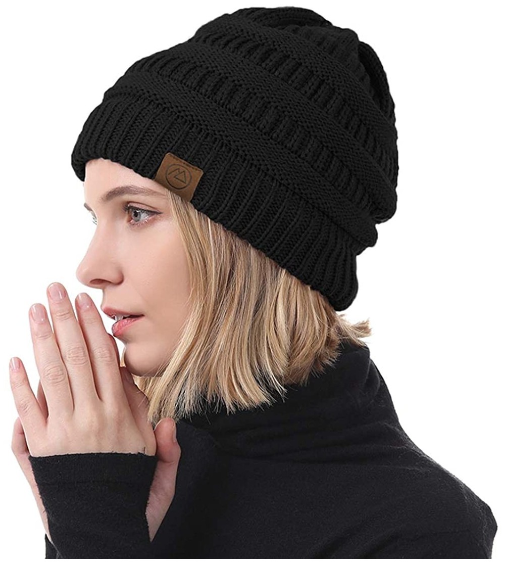 Skullies & Beanies Womens Cable Knit Beanie Thick Soft Warm Winter Hat Chunky Stretchy Slouchy Beanie Hats for Women - Black ...