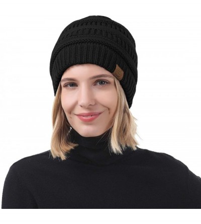 Skullies & Beanies Womens Cable Knit Beanie Thick Soft Warm Winter Hat Chunky Stretchy Slouchy Beanie Hats for Women - Black ...