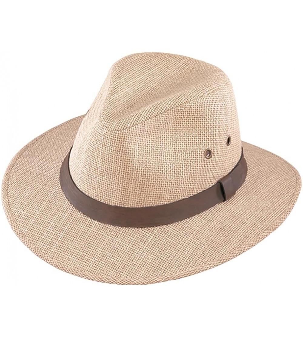 Sun Hats Men's Burlap with Genuine Leather Band Outback Hat - Natural - C812GXQGZVJ $47.03