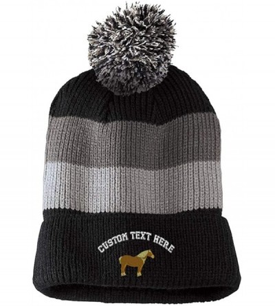 Skullies & Beanies Custom Vintage Pom Pom Beanie Belgian Draft Horse Embroidery Acrylic - Black Stripes - CY18H5MGZ48 $16.04