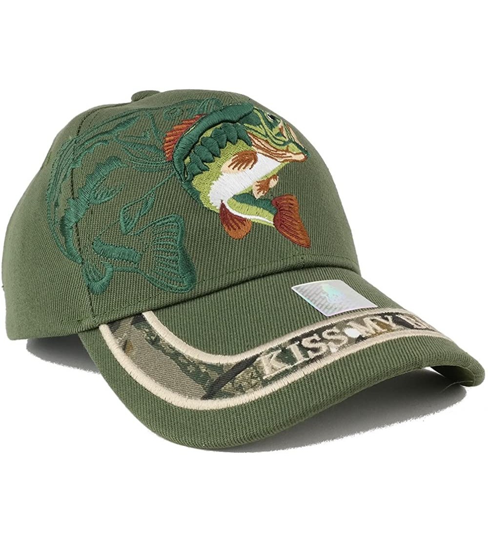 Baseball Caps Kiss My Bass Fish Embroidered Adjustable Baseball Cap - Olive - CH12NZCQYKU $14.38