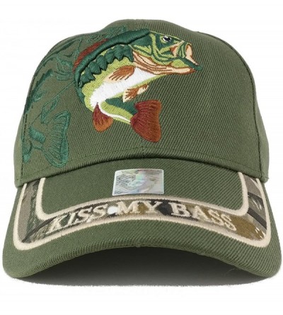 Baseball Caps Kiss My Bass Fish Embroidered Adjustable Baseball Cap - Olive - CH12NZCQYKU $14.38