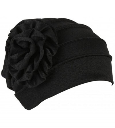 Skullies & Beanies Women's Floral Muslim Hijab Cap Solid Color Stretch Chemo Turban Hat Head Scarf - Black - C9187TELOU5 $16.89