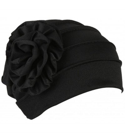 Skullies & Beanies Women's Floral Muslim Hijab Cap Solid Color Stretch Chemo Turban Hat Head Scarf - Black - C9187TELOU5 $7.21