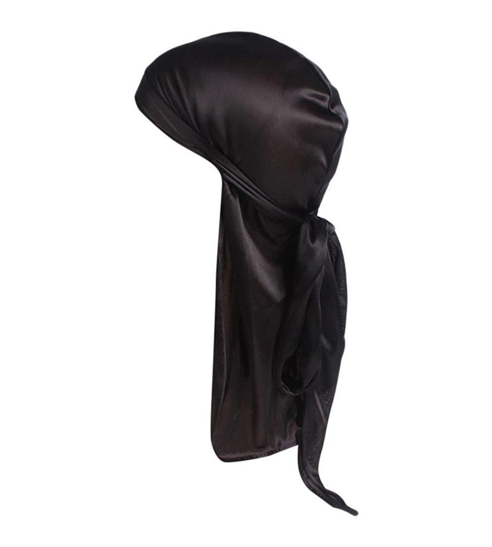 Skullies & Beanies Unisex Deluxe Silky Durag Long-Tail Cap India Muslim Stretch Head Scarf Wrap Turban 360 Waves Hat - Black ...