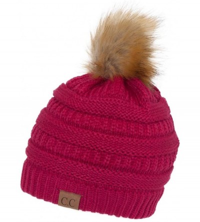 Skullies & Beanies Cable Knit Faux Fur Pom Pom Beanie Hat - Hot Pink - CL12M1RC5LX $14.00