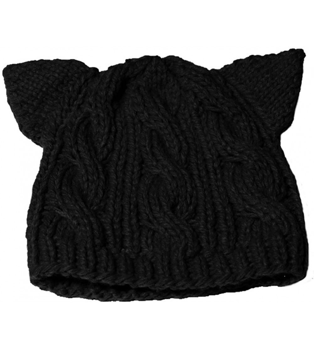 Skullies & Beanies Knit Dog Ear Hat for Women Knitting Crochet Handmade Warmer Beanie Cap - Black - CQ187AG6MRT $12.38