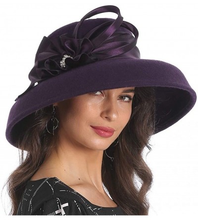 Bucket Hats Women Wool Felt Plume Church Dress Winter Hat - Drown Brim-purple - CL18L5HLOHL $77.25