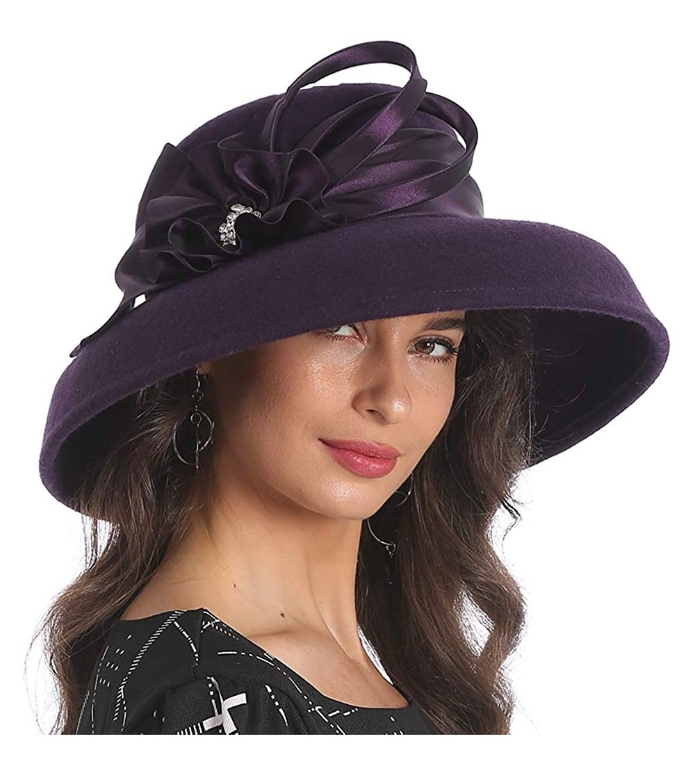 Bucket Hats Women Wool Felt Plume Church Dress Winter Hat - Drown Brim-purple - CL18L5HLOHL $36.83