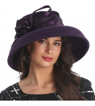 Bucket Hats Women Wool Felt Plume Church Dress Winter Hat - Drown Brim-purple - CL18L5HLOHL $36.83