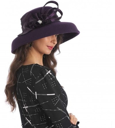 Bucket Hats Women Wool Felt Plume Church Dress Winter Hat - Drown Brim-purple - CL18L5HLOHL $36.83