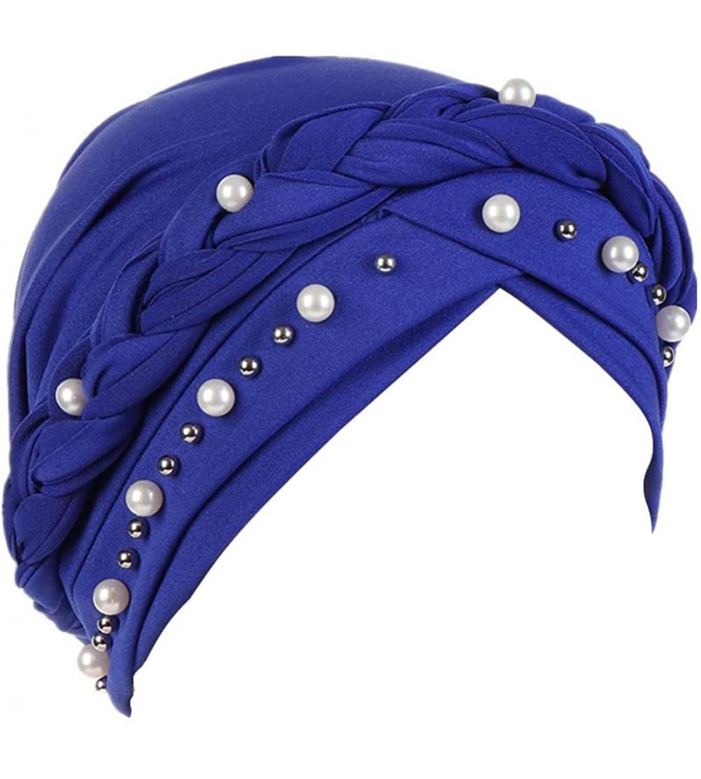 Skullies & Beanies Women Hijab Beading Pearl Braid Turban Hat Head Scarf Cancer Chemo Beanies Bandana Headwrap Cap - Blue - C...