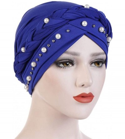 Skullies & Beanies Women Hijab Beading Pearl Braid Turban Hat Head Scarf Cancer Chemo Beanies Bandana Headwrap Cap - Blue - C...