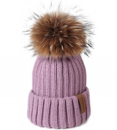 Skullies & Beanies Winter Knit Hat Detachable Real Raccoon Fur Pom Pom Womens Girls Warm Knit Beanie Hat - CL18I5M77AR $14.34