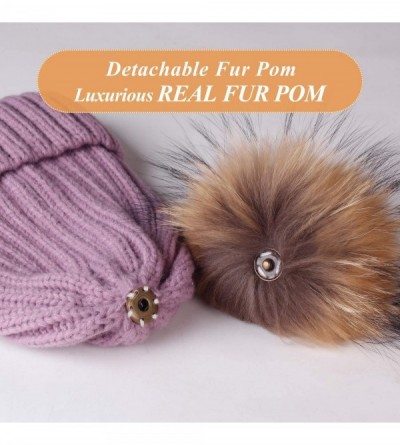 Skullies & Beanies Winter Knit Hat Detachable Real Raccoon Fur Pom Pom Womens Girls Warm Knit Beanie Hat - CL18I5M77AR $14.34