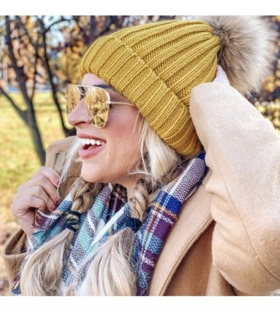 Skullies & Beanies Winter Knit Hat Detachable Real Raccoon Fur Pom Pom Womens Girls Warm Knit Beanie Hat - CL18I5M77AR $14.34