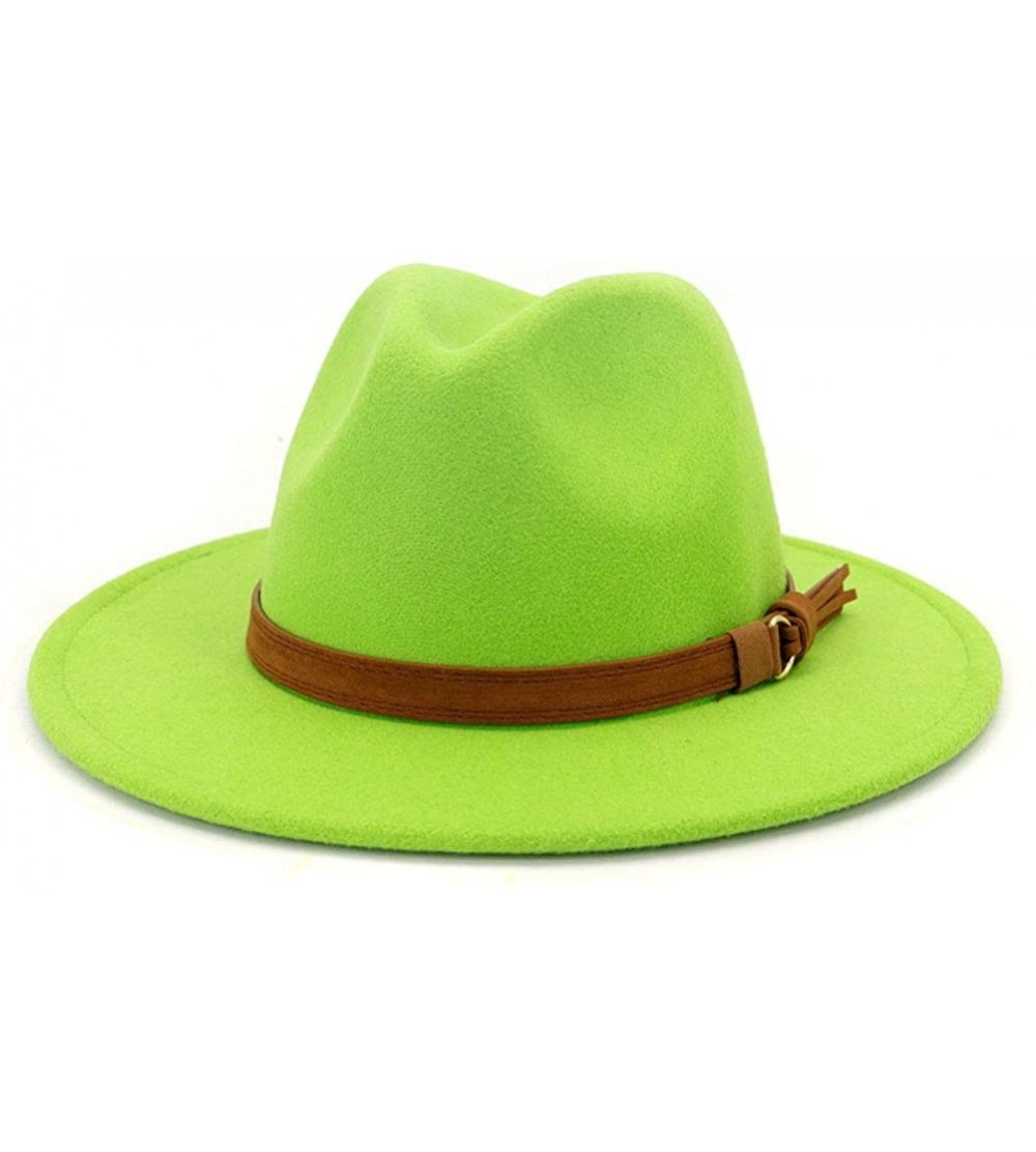 Fedoras Men & Women Vintage Wide Brim Fedora Hat with Belt Buckle - A Buckle-bright Green - CT19946CIWO $46.14