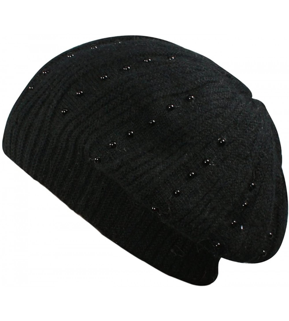 Skullies & Beanies Women's Angora Blend Beanie Hat - Dual Layer Pearl Accent Edge - Slouch Beanie - Black - CY11GK9I8HJ $27.90