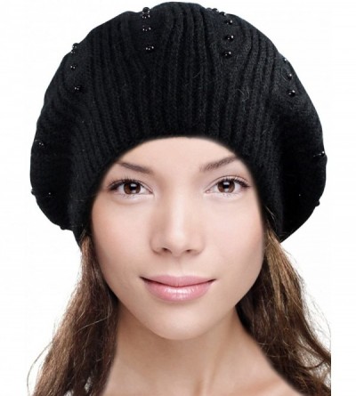 Skullies & Beanies Women's Angora Blend Beanie Hat - Dual Layer Pearl Accent Edge - Slouch Beanie - Black - CY11GK9I8HJ $27.90