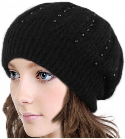 Skullies & Beanies Women's Angora Blend Beanie Hat - Dual Layer Pearl Accent Edge - Slouch Beanie - Black - CY11GK9I8HJ $27.90