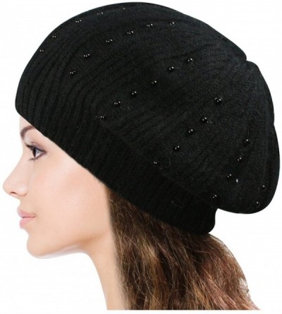 Skullies & Beanies Women's Angora Blend Beanie Hat - Dual Layer Pearl Accent Edge - Slouch Beanie - Black - CY11GK9I8HJ $27.90