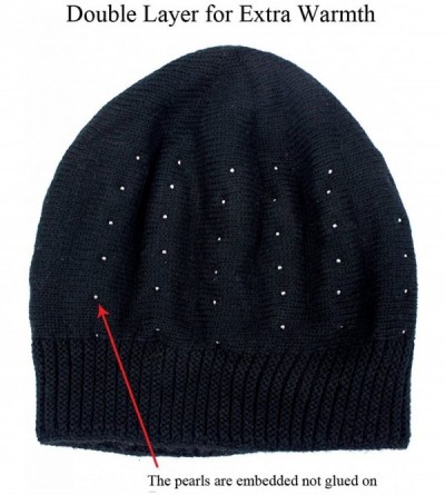 Skullies & Beanies Women's Angora Blend Beanie Hat - Dual Layer Pearl Accent Edge - Slouch Beanie - Black - CY11GK9I8HJ $27.90