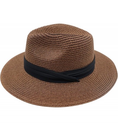 Sun Hats Womens Wide Brim Fedora Straw Hat Beach Sun Hat Panama Hat - Espresso - CG18QOZGGRY $13.29