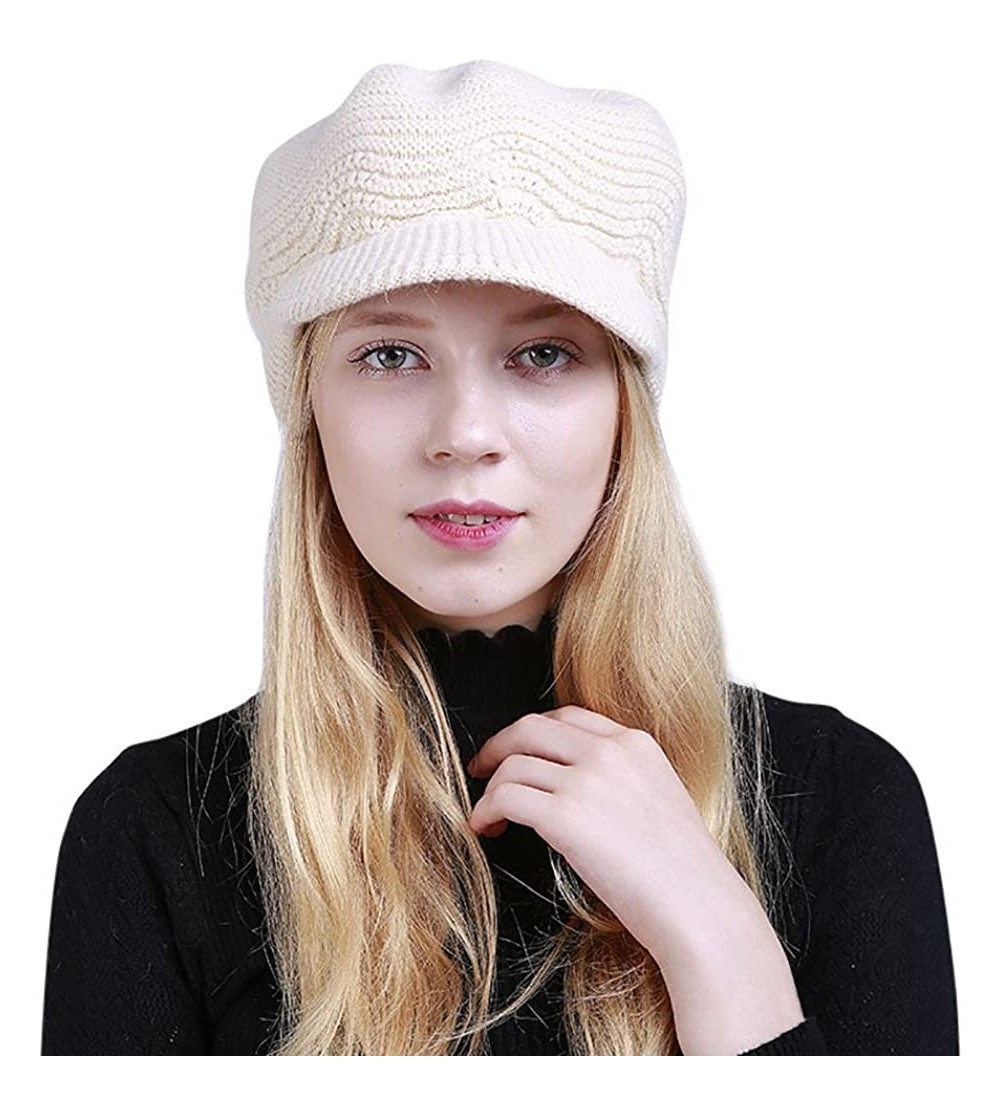 Berets Womens Knit Cap Solid Warm Crochet Winter Wool Knit Manual Caps Hat - White - CB18IQ8DREL $9.88