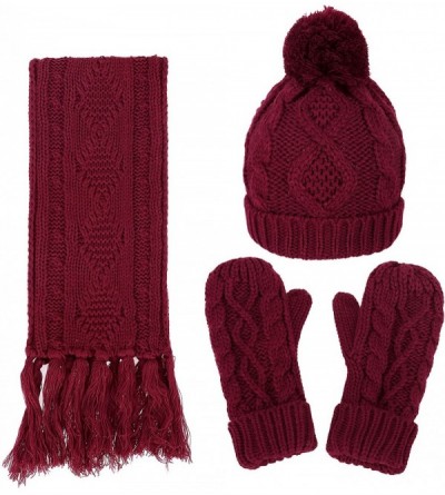 Skullies & Beanies Women's Winter 3 Piece Cable Knit Beanie Hat Gloves & Scarf Set - Burgundy - C112NZ882OC $32.71