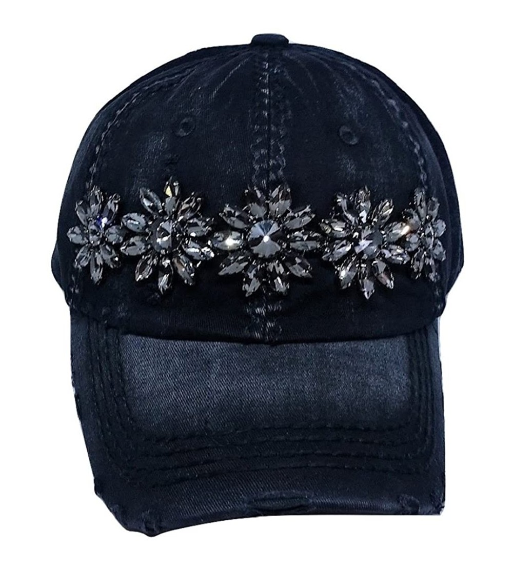 Baseball Caps Women's Sophia Glitz Distressed Bling Baseball Cap - Black - C7182Q0L5SU $50.79