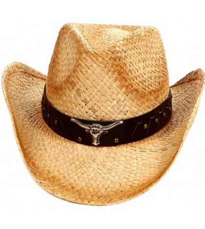 Cowboy Hats Men/Women's Western Cowboy Straw Hat with Shapeable Brim - Beige_bull - C112E3XQPGJ $27.46