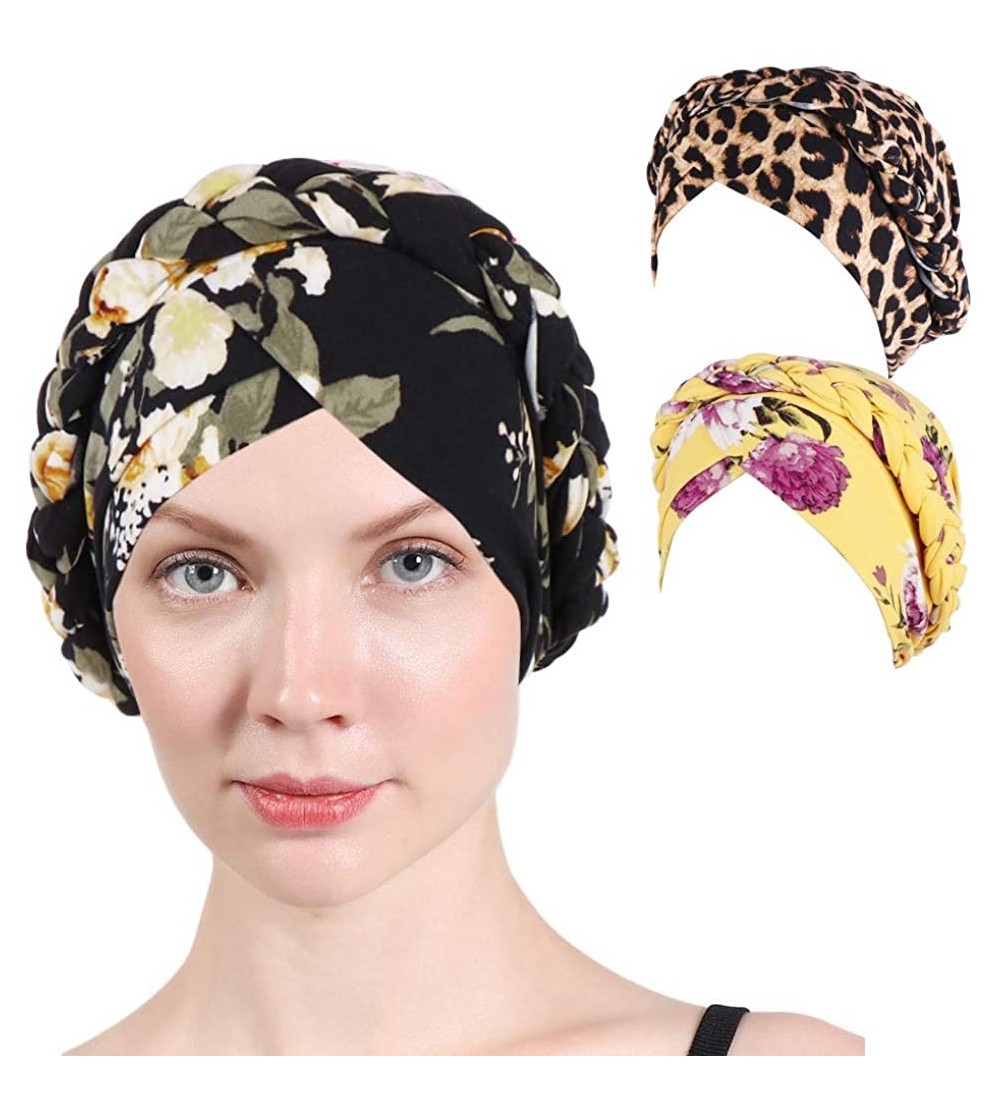 Skullies & Beanies 3 Packs Women Turban-Colorful Floral Printed One Plait Elegant Stretch Turban Head Wrap for Cancer Chemo -...