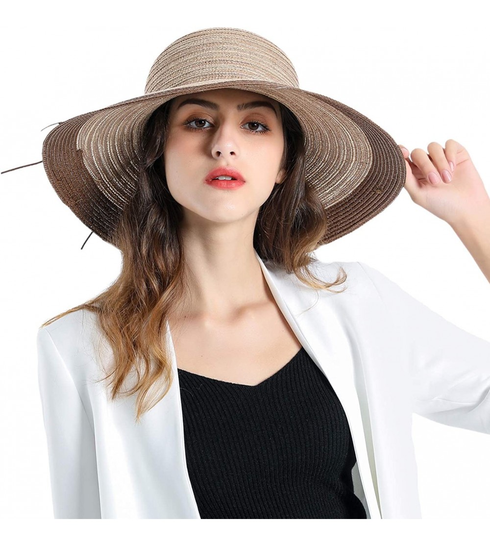 Sun Hats Womens Sun Beach Straw Hat - Wide Brim Floppy Foldable Summer Travel Cap (UV UPF50+) - Coffee - CO18T6RTTXU $9.03