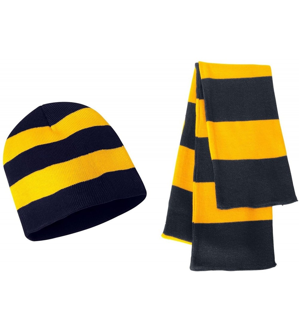 Skullies & Beanies Knit Collegiate Rugby Stripe Winter Scarf & Beanie Hat Set - Navy/Gold - CV119VEI2VR $14.68