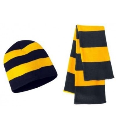 Skullies & Beanies Knit Collegiate Rugby Stripe Winter Scarf & Beanie Hat Set - Navy/Gold - CV119VEI2VR $14.68